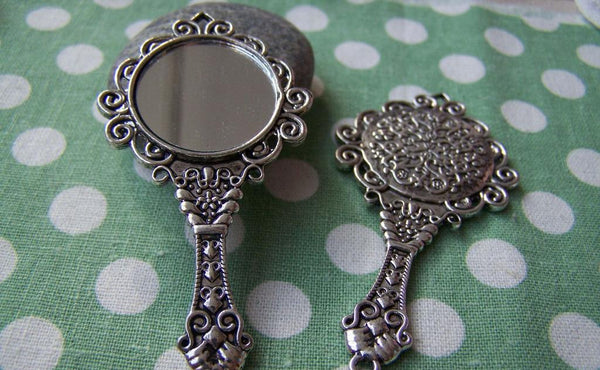 Accessories - 2 Pcs Antique Silver Traditional Chinese Round Glass Mirror Pendant 35x68mm A1781