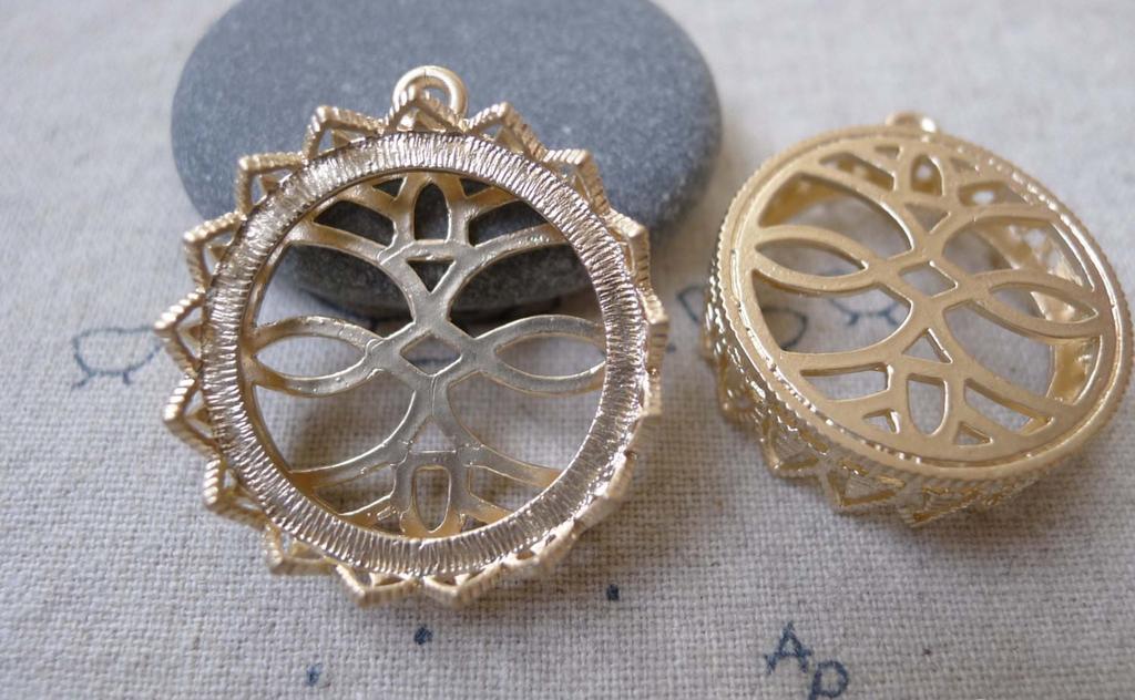 Accessories - 2 Pcs Matte Gold Tone Brass Filigree Round Base Settings Match 25mm Cameo  A7166