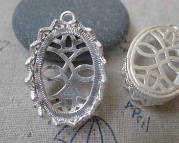 Accessories - 2 Pcs Matte Silver Tone Brass Filigree Oval Base Settings Match 18x25mm Cameo  A7157