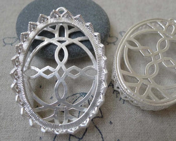 Accessories - 2 Pcs Matte Silver Tone Brass Filigree Oval Base Settings Match 30x40mm Cameo  A7158