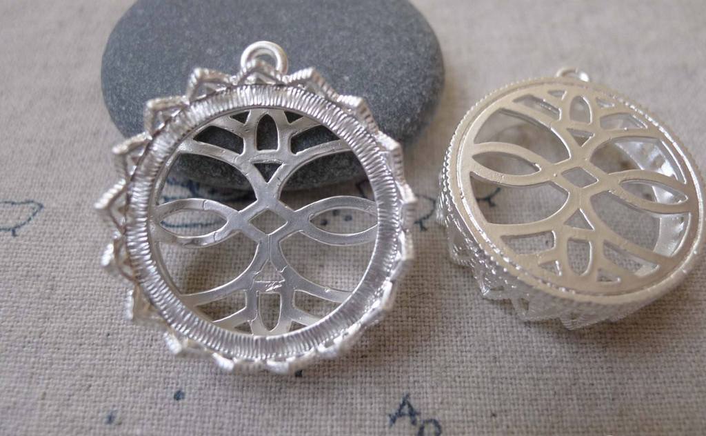 Accessories - 2 Pcs Matte Silver Tone Brass Filigree Round Base Settings Match 25mm Cameo  A7164