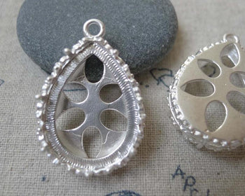 Accessories - 2 Pcs Matte Silver Tone Brass Teardrop Drop Filigree  Base Settings Match 18x25mm Cameo  A7156