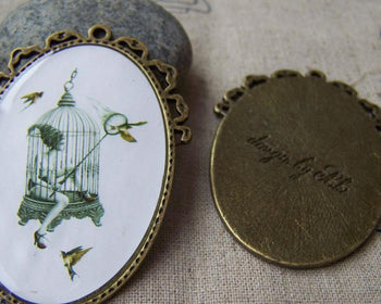 Accessories - 2 Pcs Of Antique Bronze Enamel Bird Catcher Bird Cage Oval Pendants 40x56mm A152