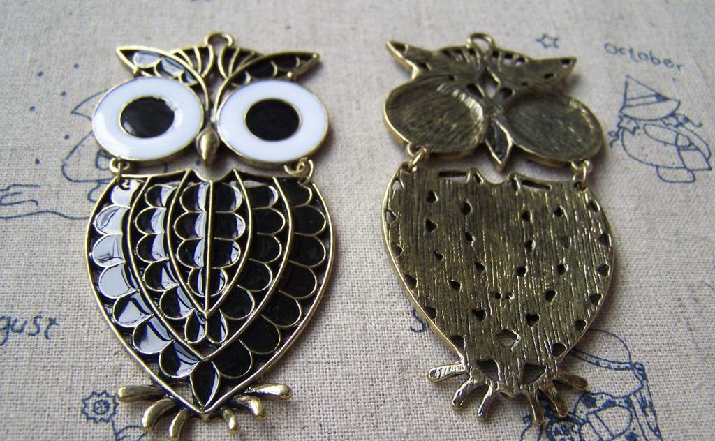 Accessories - 2 Pcs Of Antique Bronze Enamel Epoxy Owl Parts Pendants 41x84mm A3844