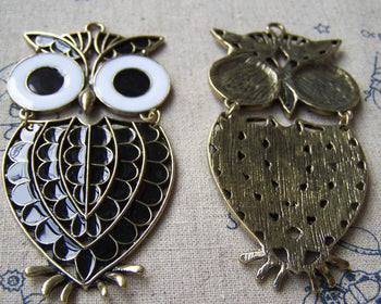 Accessories - 2 Pcs Of Antique Bronze Enamel Epoxy Owl Parts Pendants 41x84mm A3844