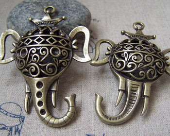 Accessories - 2 Pcs Of Antique Bronze Filigree 3D Elephant Crown King Pendants 40x59mm A2226