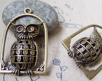 Accessories - 2 Pcs Of Antique Bronze Huge Filigree 3D Owl Pendants  29x46mm A2904