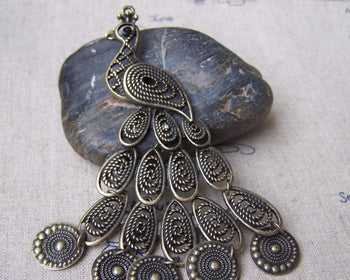 Accessories - 2 Pcs Of Antique Bronze Lovely Filigree Peacock Charms Pendants Large Size 60x105mm A4054