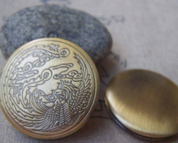 Accessories - 2 Pcs Of Antique Bronze Phoenix Round Photo Lockets 32mm A3375