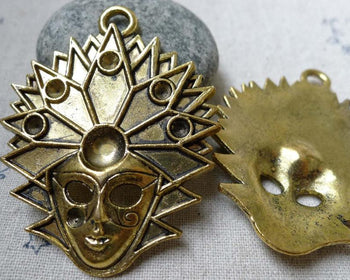 Accessories - 2 Pcs Of Antique Gold Halloween Devil Mask Pendants Charms 43x54mm A6031