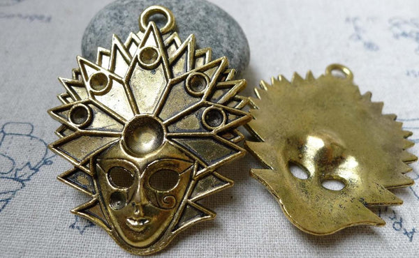 Accessories - 2 Pcs Of Antique Gold Halloween Devil Mask Pendants Charms 43x54mm A6031