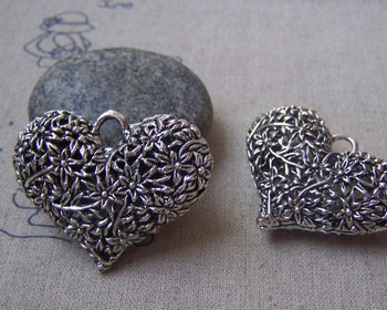 Accessories - 2 Pcs Of Antique Silver 3D Filigree Heart Pendants 32x42mm HEAVY WEIGHT A4936