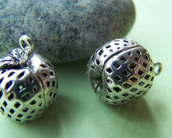 Accessories - 2 Pcs Of Antique Silver Finish Brass Filigree 3D Apple Charms Pendants 12mm A1105