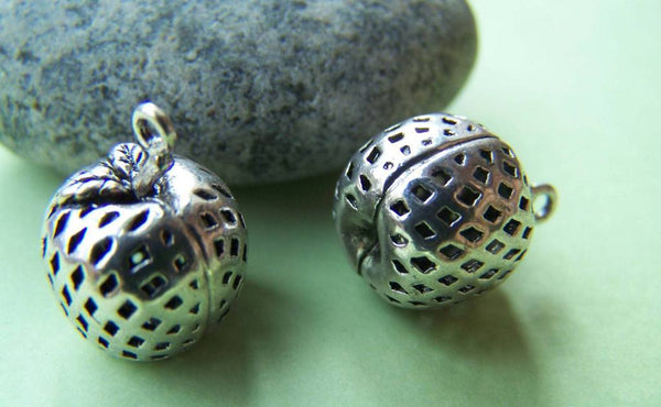 Accessories - 2 Pcs Of Antique Silver Finish Brass Filigree 3D Apple Charms Pendants 12mm A1105