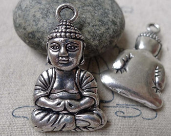 Accessories - 2 Pcs Of Antique Silver Sitting Buddha Charms Pendants 24x39mm A6879