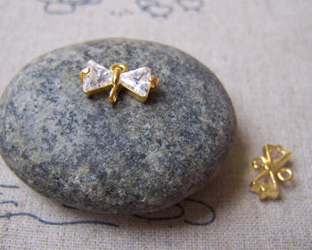 Accessories - 2 Pcs Of Gold Tone Brass Bow Tie White Zircon Connectors 6x10mm A4992