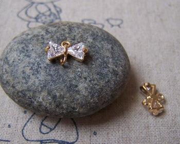Accessories - 2 Pcs Of Light Gold Tone Brass Bow Tie White Zircon Connectors 6x10mm A5044