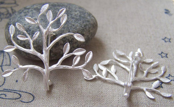 Accessories - 2 Pcs Of Matte Silver Brass Tree Shawl Pin Safety Pin Brooch 32x36mm A2229