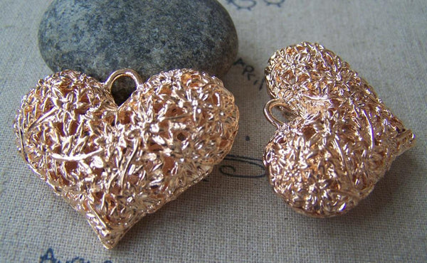 Accessories - 2 Pcs Of Non Tarnish Light Gold Tone 3D Filigree Heart Pendants 32x42mm HEAVY WEIGHT  A4490