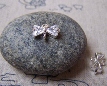 Accessories - 2 Pcs Of Silver Tone Brass Bow Tie White Zircon Connectors 6x10mm A4991