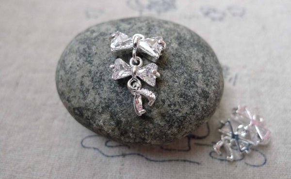 Accessories - 2 Pcs Of Silver Tone Brass Double Bow Tie White Zircon Connectors 19mm A6682