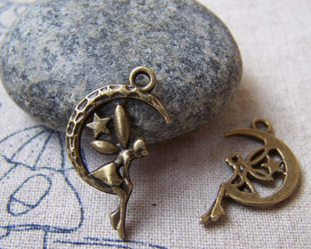 Accessories - 20 Pcs Antique Bronze Fairy Angel On Crescent Moon Charms Pendants  13x24mm A5644