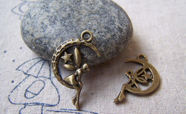 Accessories - 20 Pcs Antique Bronze Fairy Angel On Crescent Moon Charms Pendants  13x24mm A5644