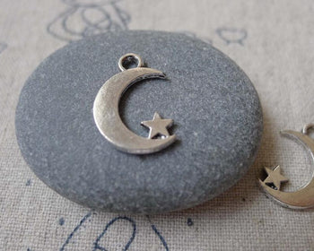 Accessories - 20 Pcs Antique Silver Crescent Moon Star Charms 11x17mm A7054