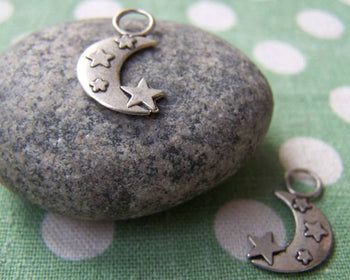 Accessories - 20 Pcs Antique Silver Crescent Moon Star Charms 14mm A1038
