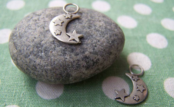 Accessories - 20 Pcs Antique Silver Crescent Moon Star Charms 14mm A1038