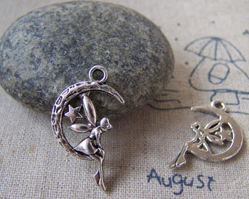 Accessories - 20 Pcs Antique Silver Fairy Angel On Crescent Moon Charms Pendants  A5330