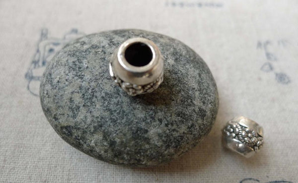 Accessories - 20 Pcs Antique Silver Rondelle Flower Drum Beads  9x10mm A5854