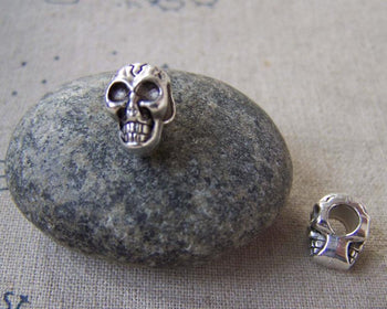 Accessories - 20 Pcs Antique Silver Skull  Beads Double Sided 8x12mm A5364