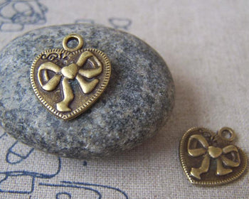 Accessories - 20 Pcs Of Antique Bronze Bow Ribbon Heart Charms 16x18mm  A4542