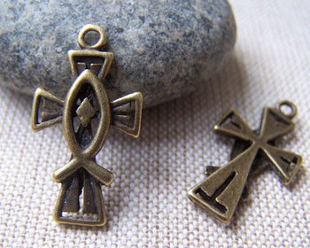 Accessories - 20 Pcs Of Antique Bronze Cross Fish Charms Pendants 13x25mm A3016