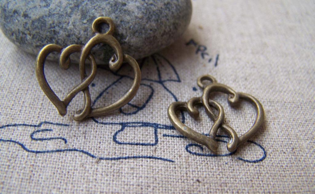Accessories - 20 Pcs Of Antique Bronze Double Heart Charms 16x20mm A1604