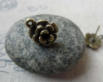 Accessories - 20 Pcs Of Antique Bronze Flower Earring Posts With Loop Steel Pin 12mm A6508