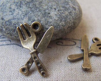 Accessories - 20 Pcs Of Antique Bronze Fork And Knife Tableware Charms 13x20mm A2280