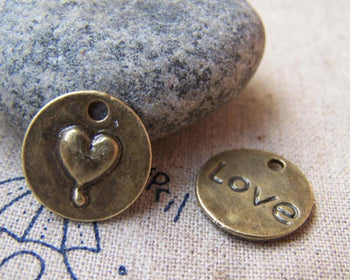 Accessories - 20 Pcs Of Antique Bronze Heart Round Charms 15mm A1508