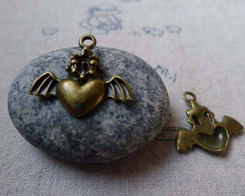 Accessories - 20 Pcs Of Antique Bronze Heart Wing Angel Charms 21x22mm A5546