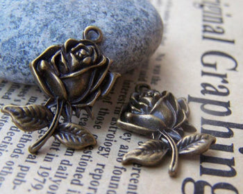 Accessories - 20 Pcs Of Antique Bronze Rose Flower Charms 17x25mm A417