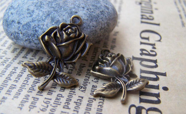 Accessories - 20 Pcs Of Antique Bronze Rose Flower Charms 17x25mm A417