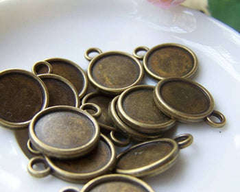Accessories - 20 Pcs Of Antique Bronze Round  Base Settings Pendant Double Sided Match 12mm Cabochon A3533