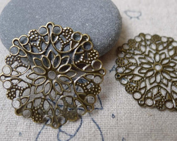 Accessories - 20 Pcs Of Antique Bronze Round Filigree Flower Embellishments Stampings  35mm A7254