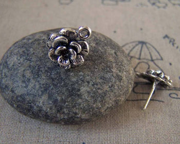 Accessories - 20 Pcs Of Antique Silver Flower Earring Posts With Loop Steel Pin 12mm A5419