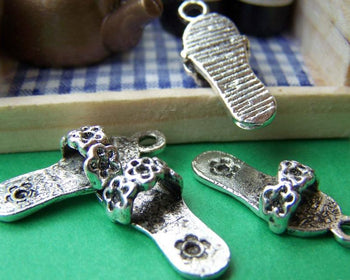 Accessories - 20 Pcs Of Antique Silver  Flower Flip Flop Charms 10x20mm A3287