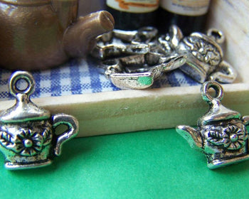 Accessories - 20 Pcs Of Antique Silver Flower Half Teapot Charms 14x15mm A1290