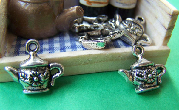 Accessories - 20 Pcs Of Antique Silver Flower Half Teapot Charms 14x15mm A1290