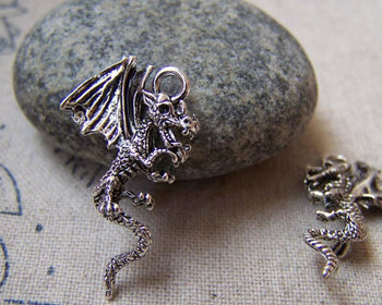 Accessories - 20 Pcs Of Antique Silver Flying Dragon Charms Pendant  15x28mm A5798