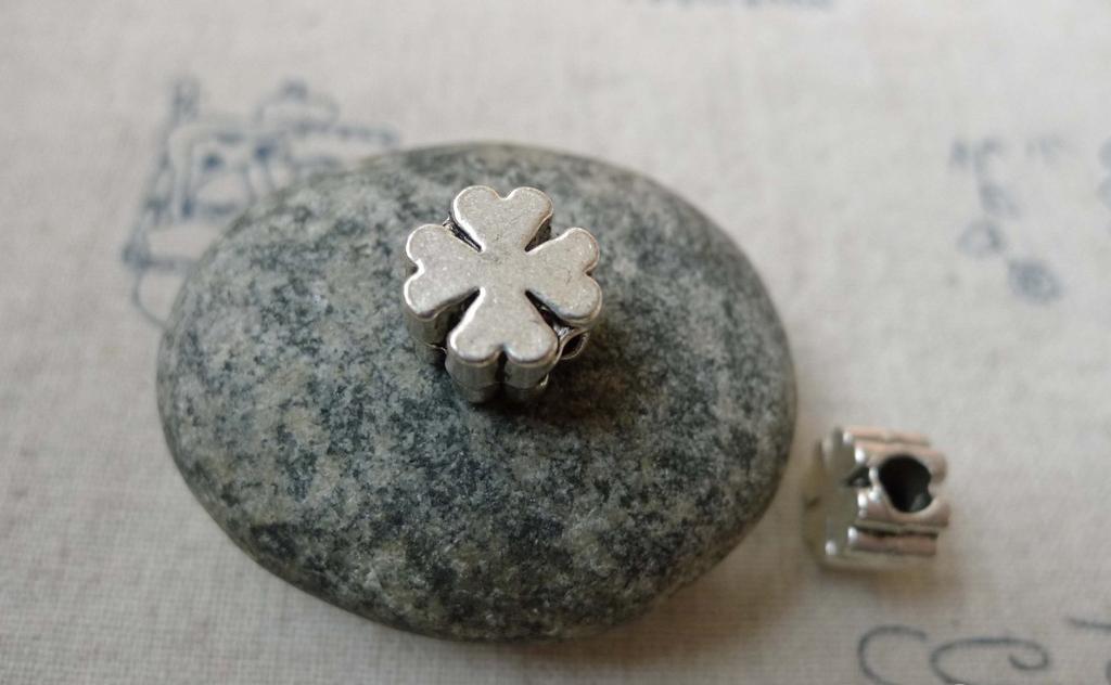 Accessories - 20 Pcs Of Antique Silver Four-Leaf Clover Lucky Flower Beads 7x10mm Double Sided A5852